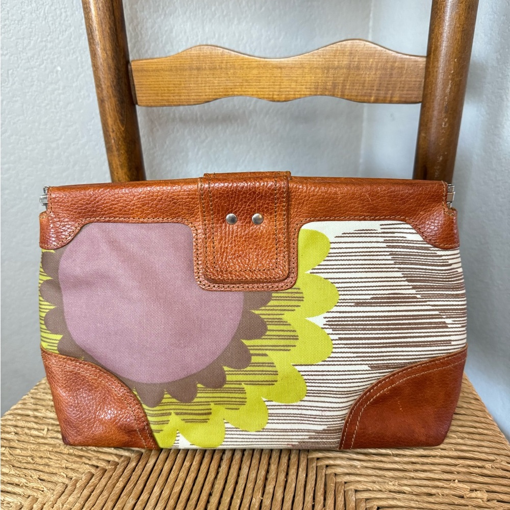 Orla  Kiely London Leather Clutch Purse Bag 11x7x3” Floral Coated Brown Green